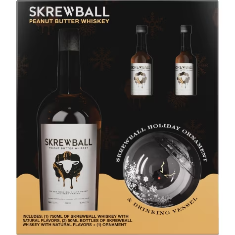 SKREWBALL PEANUT BUTTER WHISKEY W/ 2 50ml & DRINKING ORNAMENT